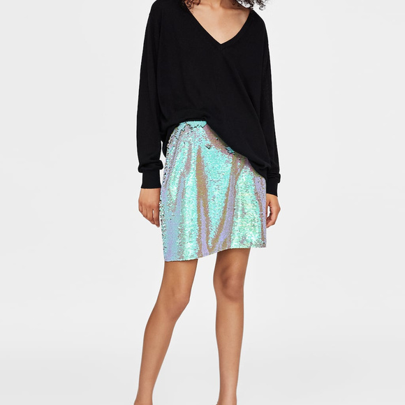 Zara Dresses & Skirts - Zara Sequin Mini Skirt Silver Iridescent  Size S